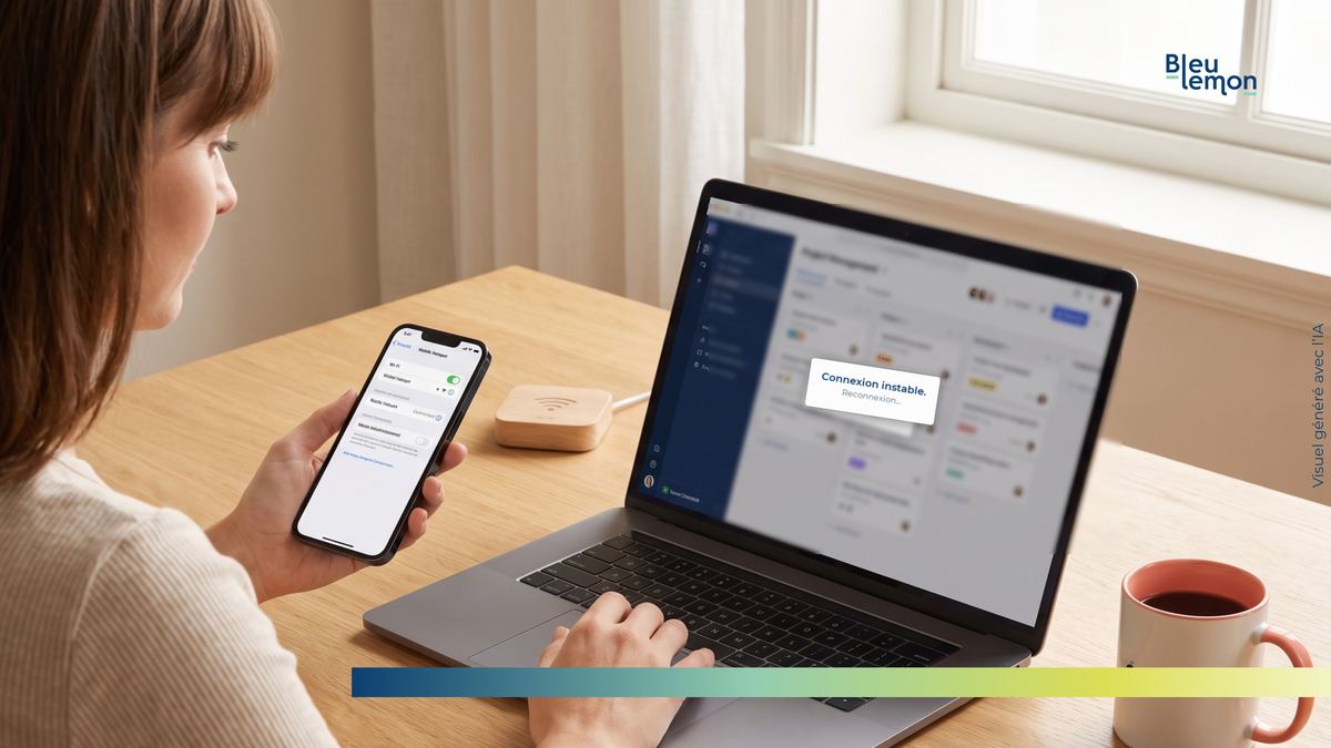 Une collaboratrice en télétravail bascule sur le partage de connexion de son téléphone pendant qu'une alerte de connexion instable s'affiche sur son ordinateur.