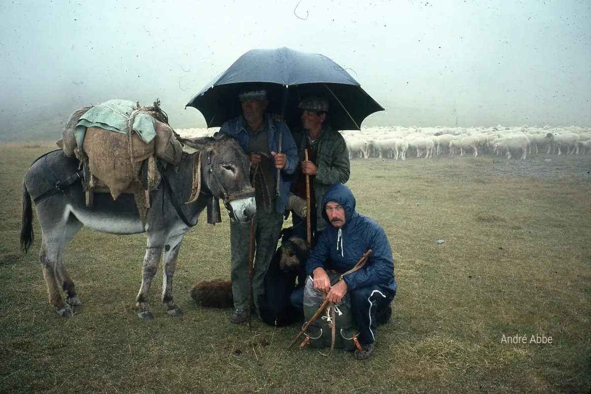 Trois bergers et leur âne sous un même parapluie, dans la brume